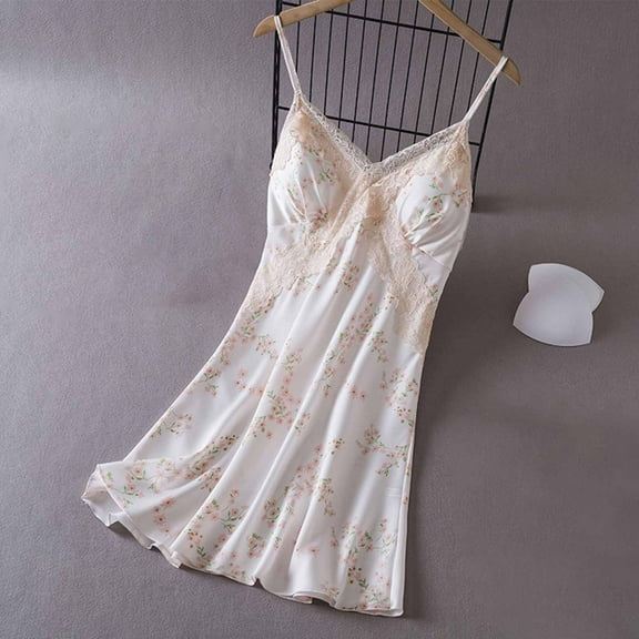 ALLLIST Silky Nightgowns for Women Lace Sleeveless Chemises White Padded Comfy Floral Night Clothes Womens Pajamas