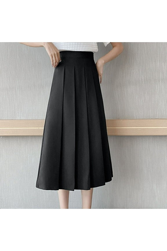 Skirt Women Black Pleated Midi Skirt Solid Preppy Style A-Line Ladies Skirt