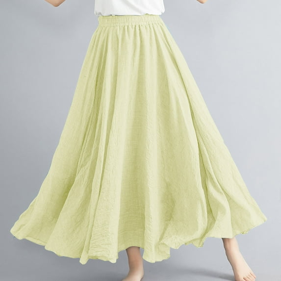 ALLLIST Skirt Women Long Loose Plain Elastic Waist Yellow A-Line Ladies Skirt