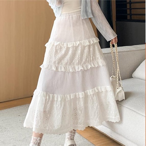 ALLLIST Skirt Women White High Waist Midi Skirt Solid Ruffle Patchwork Lace A-Line Girls Skirts