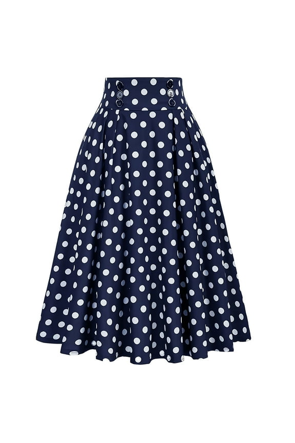 Skirts Women Pleated Casual Midi Skirt Button Blue Polka Dot High Waist A-Line Girls Skirts