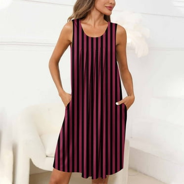 ALLLIST Midi Nightgowns for Women Sleeveless with Pockets Sleep Dresses Red Striped Pleated Night Clothes Sleepwear Women