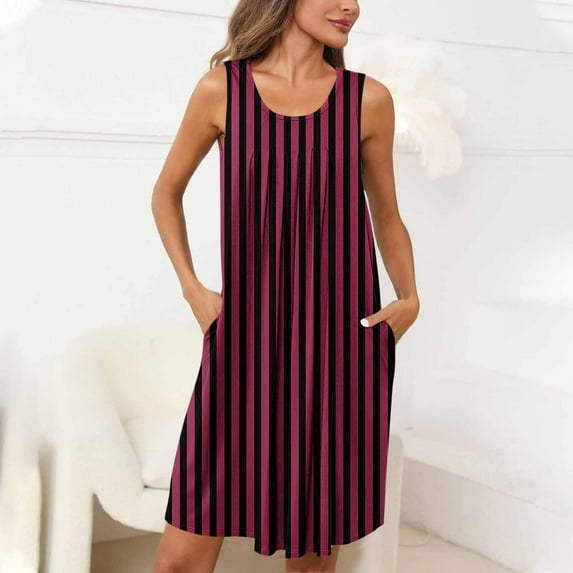 ALLLIST Midi Nightgowns for Women Sleeveless with Pockets Sleep Dresses Red Striped Pleated Night Clothes Sleepwear Women