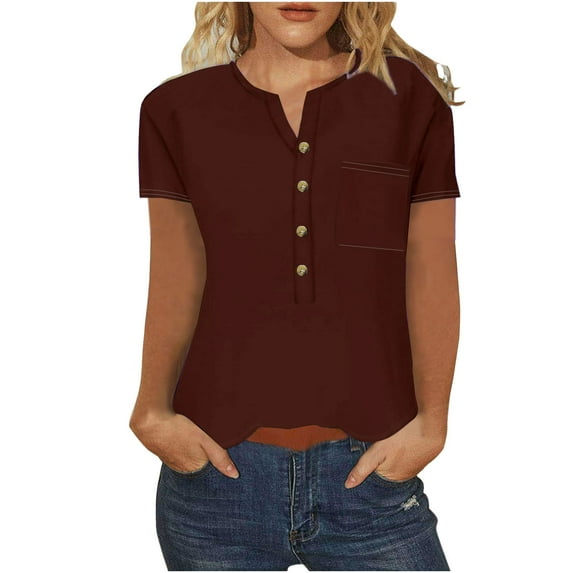 ALLLIST Solid Going Out Tops for Women Red V-Neck Elbow-Length T-Shirts Blouses for Women