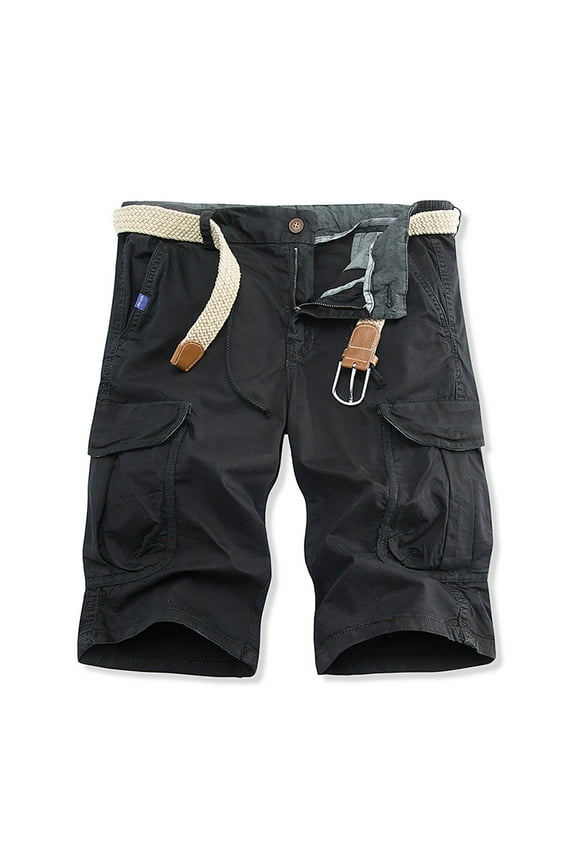 Solid Shorts for Men Mid Short Straight-Leg Black Cotton and Linen with Pockets Button Cargo Workout (Reg. Or Big & Tall)