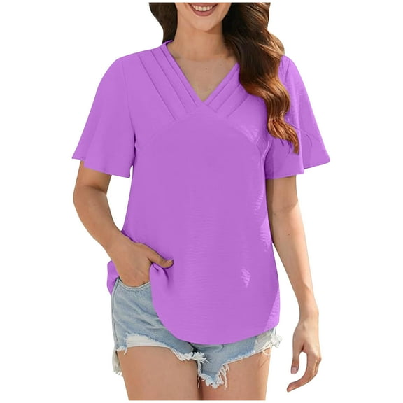 ALLLIST Solid Women Tops Purple V-Neck Elbow-Length T-Shirts Summer Blouses