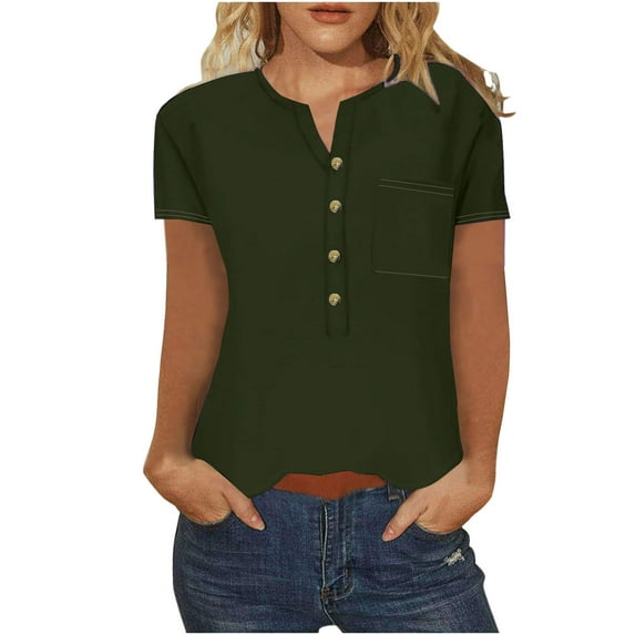 ALLLIST Solid Womens Tops Casual Green Elbow-Length V-Neck T-Shirts Womens T Shirts