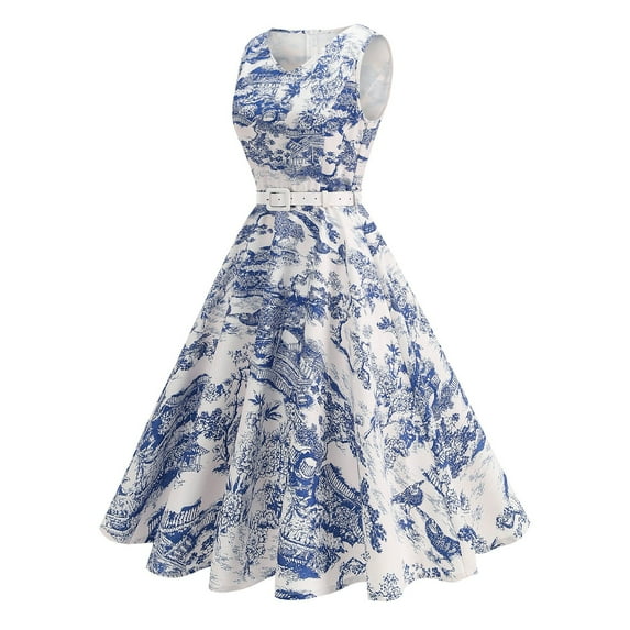 ALLLIST Spring Ladies Dresses Midi Blue A Line Retro Ball Gown Clothing for Women Size S-2XL