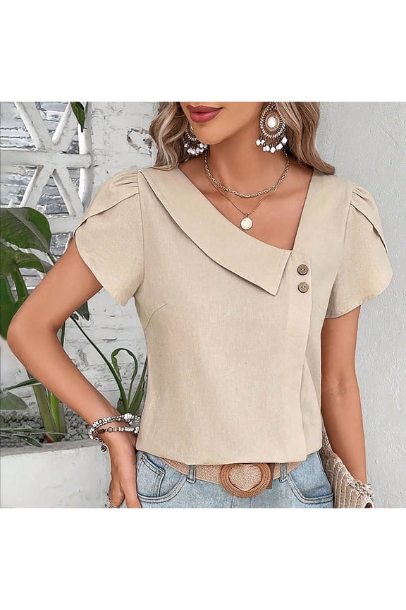Spring Tops Beige Solid V-Neck Button Short Sleeve T-Shirts Womens Shirts Under $5 M