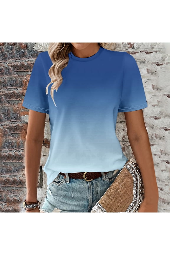 Spring Tops Blue Gradient Short Sleeve Crew Neck T-Shirts Blouses XL