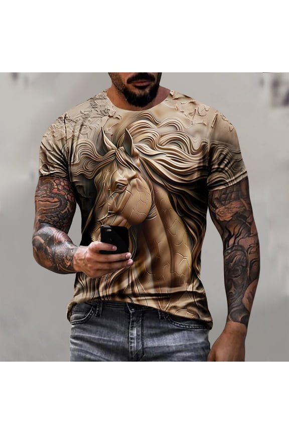 Spring Tops Brown Short Sleeve Crew Neck Horse T-Shirts Graphic Printed Gift Loose Mens Dress Shirts