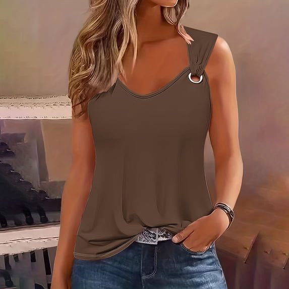 ALLLIST Spring Tops Brown V-Neck Sleeveless Solid Tank Tops Girls Tank Tops XL