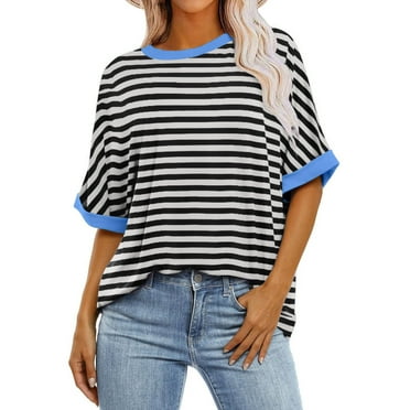 ALLLIST Spring Tops Crew Neck Short Sleeve Black Striped T-Shirts Casual Reg and Big and Tall Sizes