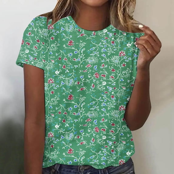 ALLLIST Spring Tops Green Short Sleeve Casual Crew Neck Floral T-Shirts Womens Shirts Plus Size L