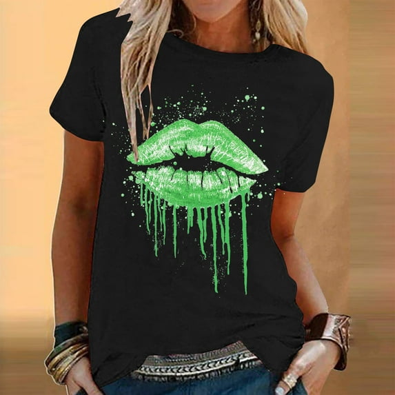 ALLLIST Spring Tops Green Short Sleeve Graphic Crew Neck T-Shirts Womens Blouses XXXL