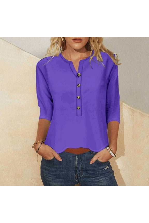 Spring Tops Purple Button V-Neck 3/4 Sleeve Solid T-Shirts Spring Blouses XXXL