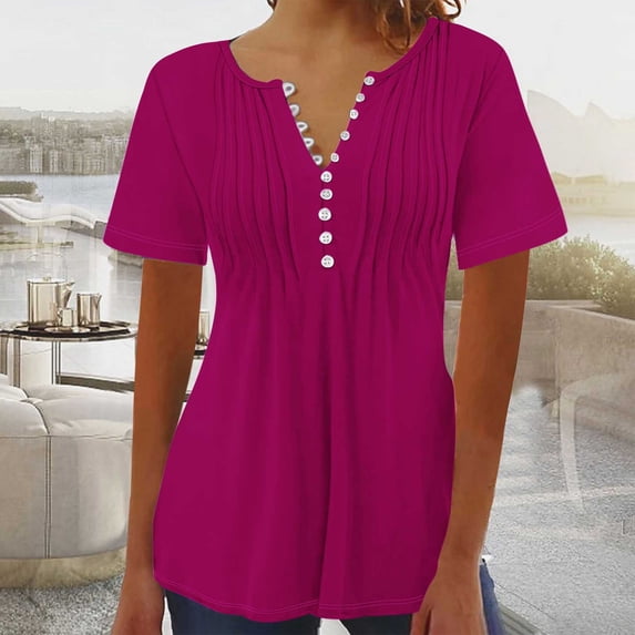 ALLLIST Spring Tops Purple Flounce Solid V-Neck Short Sleeve Button T-Shirts Women Blouses XXXL
