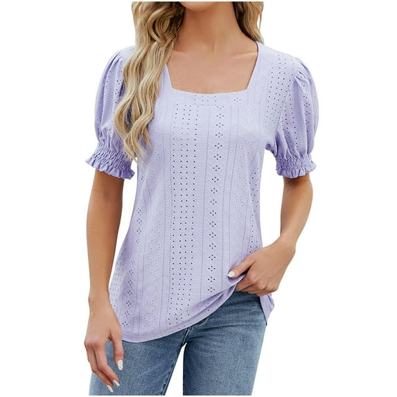 ALLLIST Spring Tops Purple Solid Hollow Short Sleeve Square Neckline T-Shirts Womens Shirts Plus Size XL