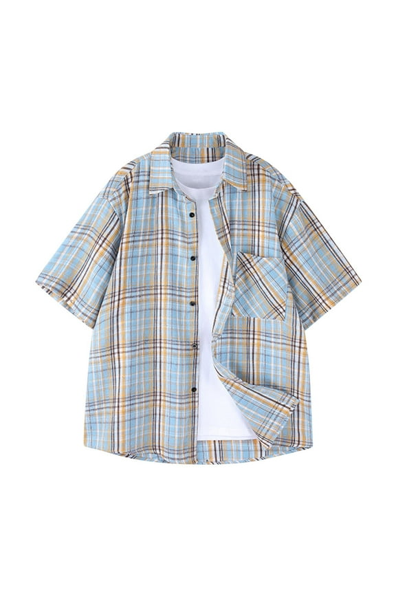 Spring Tops Short Sleeve Collared Beige Plaid T-Shirts with Pocket Button Casual Tee for Man