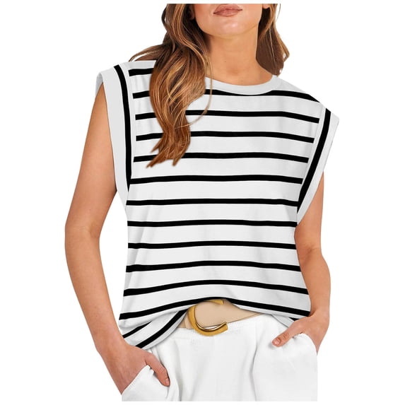ALLLIST Spring Tops White Crew Neck Sleeveless Striped Tank Tops Camisole S