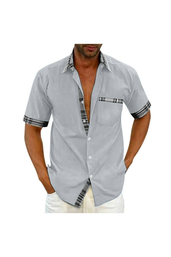 Spring Tops for Men 2024 Gray Collared Short Sleeve Solid T-Shirts Button Casual with Pocket Men's Shirts
