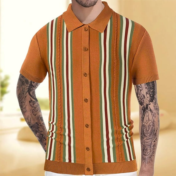 ALLLIST Spring Tops for Men Brown Collared Short Sleeve Striped Fitness Casual Button T-Shirts Pullover Shirts for Men