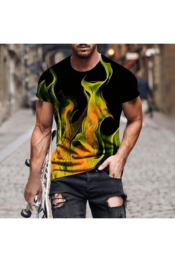 Spring Tops for Men Crew Neck Short Sleeve Flame T-Shirts Printed Casual Pullover Shirts for Men