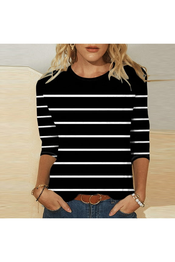 Spring Tops for Women 2024 Black 3/4 Sleeve Crew Neck Striped T-Shirts Casual Ladies Tops and Blouses