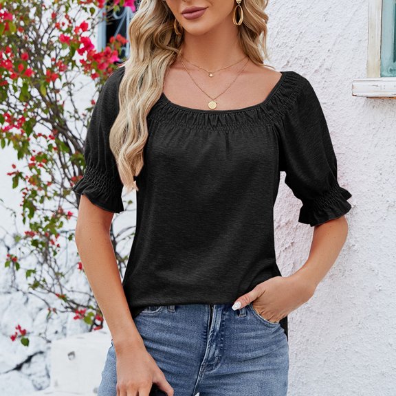 ALLLIST Spring Tops for Women 2024 Black Solid Short Sleeve Scoop Neck T-Shirts Blouses for Women