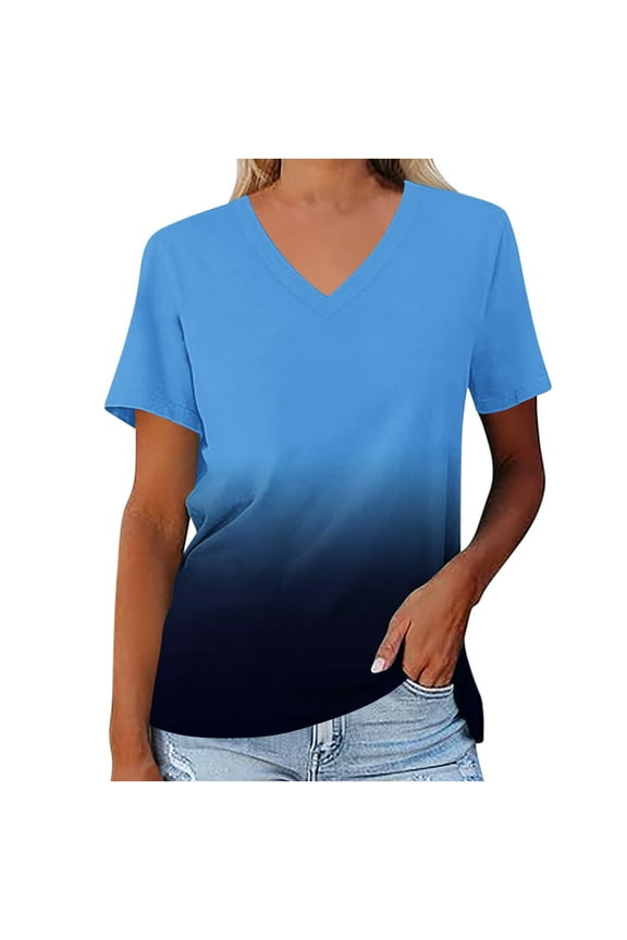 Spring Tops for Women 2024 Blue Gradient Short Sleeve V-Neck T-Shirts Womens Shirts XL