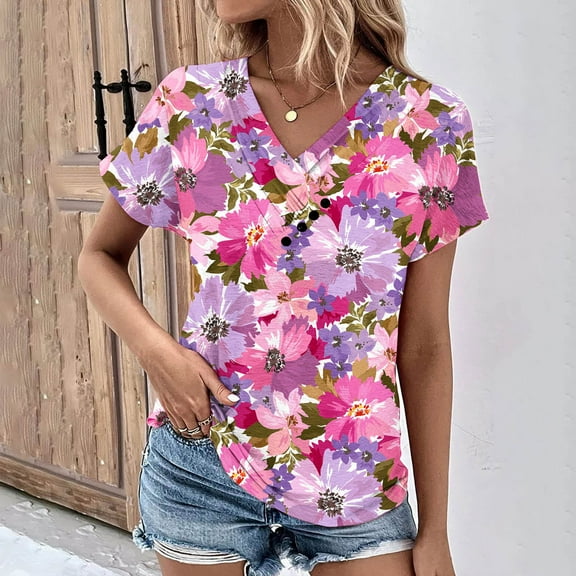 ALLLIST Spring Tops for Women 2024 Pink Button Short Sleeve Floral V-Neck T-Shirts Womens Shirts Under $5 M