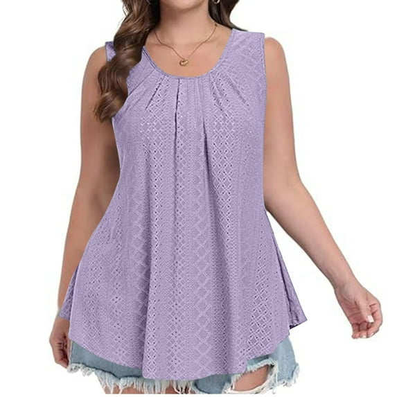 ALLLIST Spring Tops for Women 2024 Purple Solid Pleated Crew Neck Sleeveless Tank Tops Camisole L