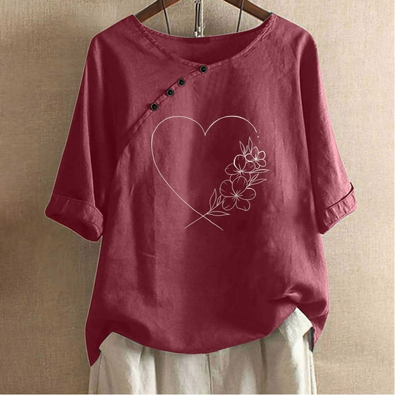 ALLLIST Spring Tops for Women 2024 Scoop Neck Red Short Sleeve Graphic T-Shirts Button Casual Womens Shirts Under $10