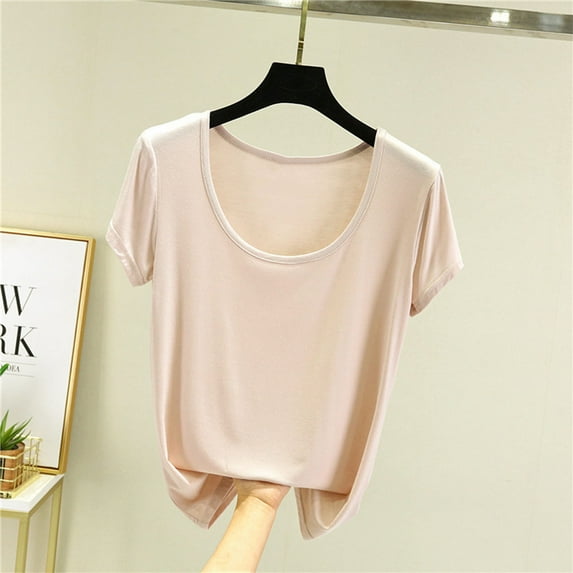 ALLLIST Spring Tops for Women 2024 Trendy Beige Casual Scoop Neck Solid Short Sleeve T-Shirts Tshirt Dress Women XXL