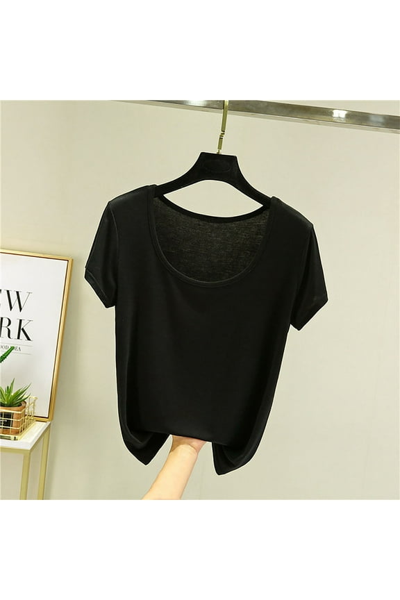 Spring Tops for Women 2024 Trendy Black Short Sleeve Scoop Neck Solid Casual T-Shirts Spring Blouses