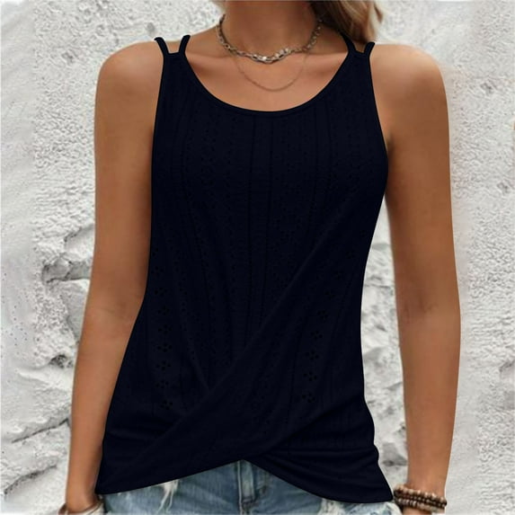 ALLLIST Spring Tops for Women 2024 Trendy Blue Cami Solid Sleeveless Crew Neck Tank Tops Women's Tank Tops M