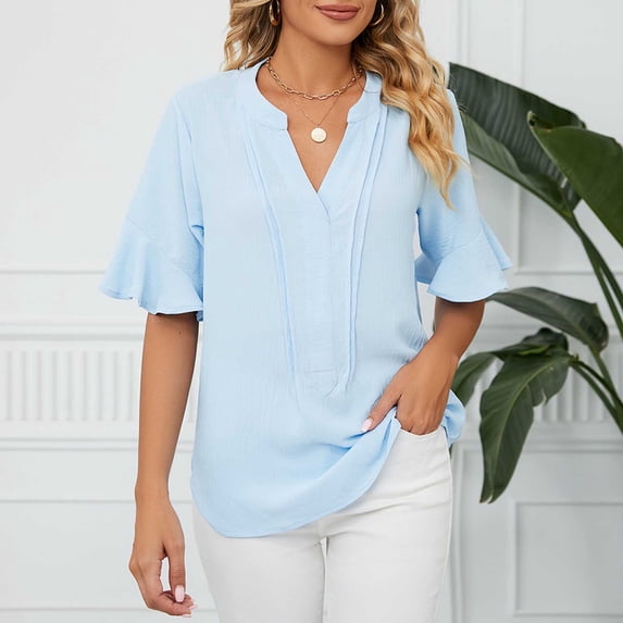 ALLLIST Spring Tops for Women 2024 Trendy Blue Flounce Short Sleeve V-Neck Solid T-Shirts Spring Blouse M