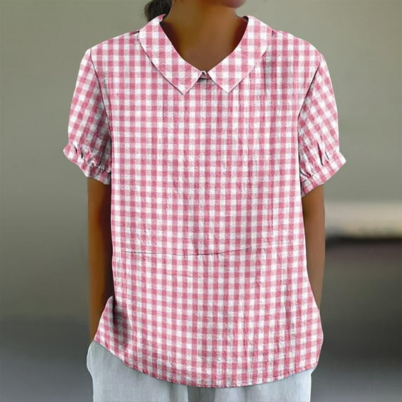 ALLLIST Spring Tops for Women 2024 Trendy Collared Short Sleeve Pink Plaid Printed Cotton and Linen Blouses Loose Womens Blouses
