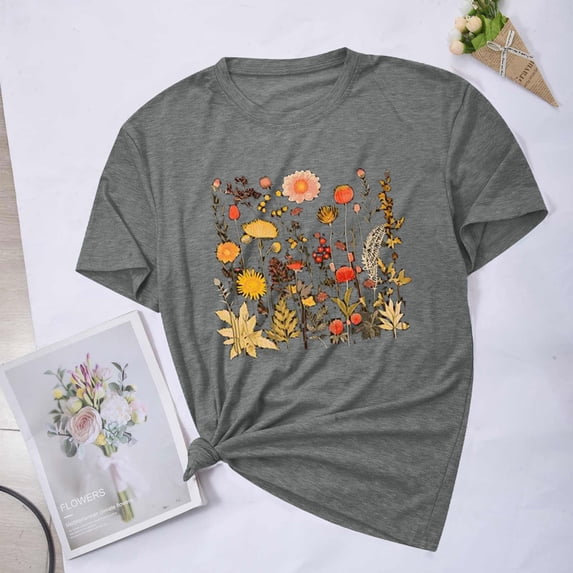 ALLLIST Spring Tops for Women 2024 Trendy Gray Short Sleeve Crew Neck Floral Basic Casual Printed T-Shirts Womens Blouses