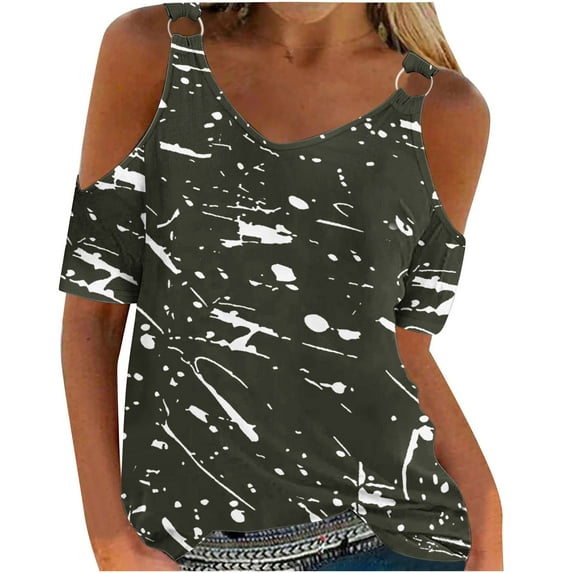 ALLLIST Spring Tops for Women 2024 Trendy Green V-Neck Short Sleeve Graphic T-Shirts Casual Cold Shoulder Womens Tees