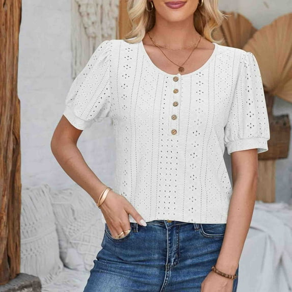 ALLLIST Spring Tops for Women 2024 Trendy White Short Sleeve Button Solid Crew Neck T-Shirts Womens T Shirts XXL