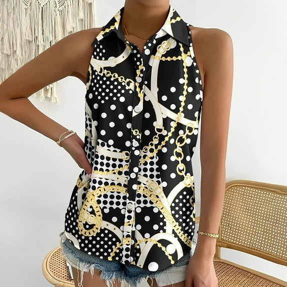 ALLLIST Spring Tops for Women Black Graphic Collared Sleeveless Button Tank Tops Womens Capris for Summer S