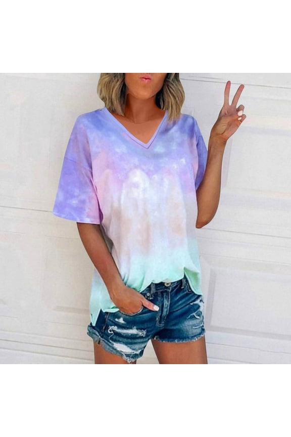 Spring Tops for Women Blue Short Sleeve V-Neck Gradient T-Shirts Womens T Shirts L