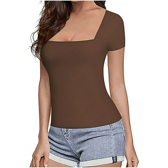 ALLLIST Spring Tops for Women Brown Square Neckline Slim Short Sleeve Solid Sexy T-Shirts Summer Blouses S