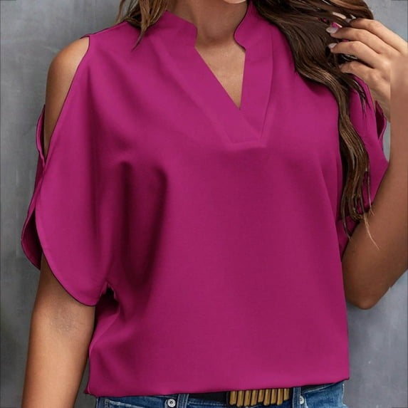 ALLLIST Spring Tops for Women Red Solid Short Sleeve V-Neck Hollow T-Shirts Women's Blouse XL