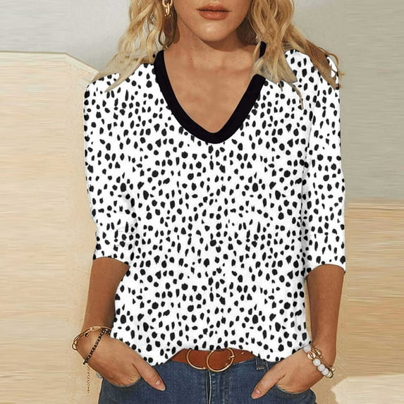 ALLLIST Spring Tops for Women V-Neck 3/4 Sleeve White Graphic Casual Loose T-Shirts Pullover Spring Blouses for Women 2024