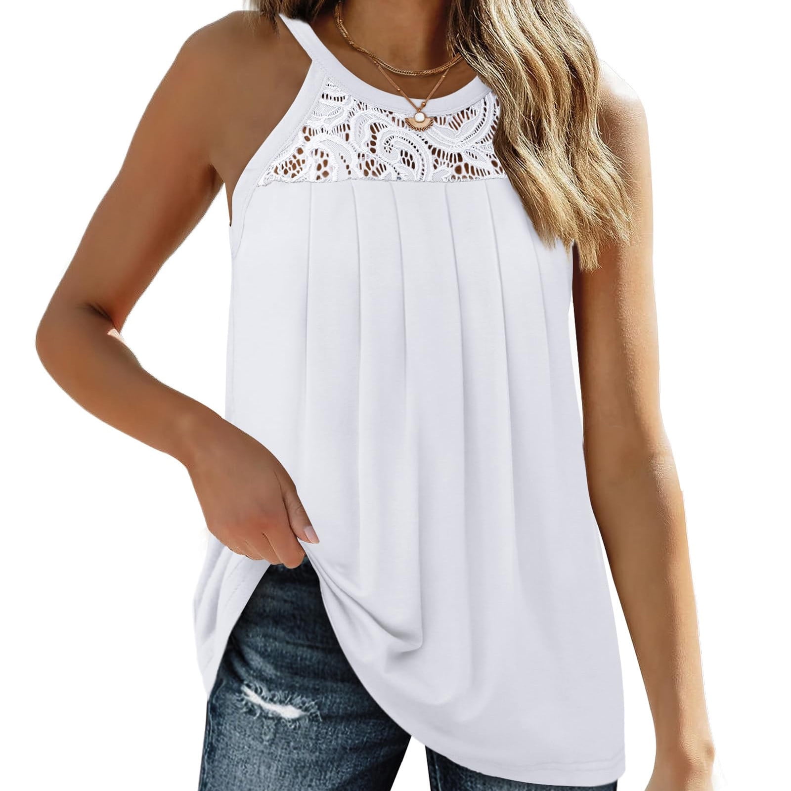 ALLLIST Spring Tops for Women White Solid Lace Crew Neck