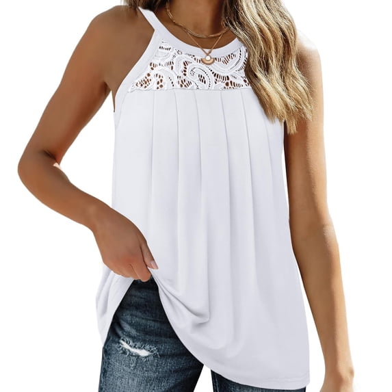 ALLLIST Spring Tops for Women White Solid Lace Crew Neck Sleeveless Backless Tank Tops Tank Top for Women XL