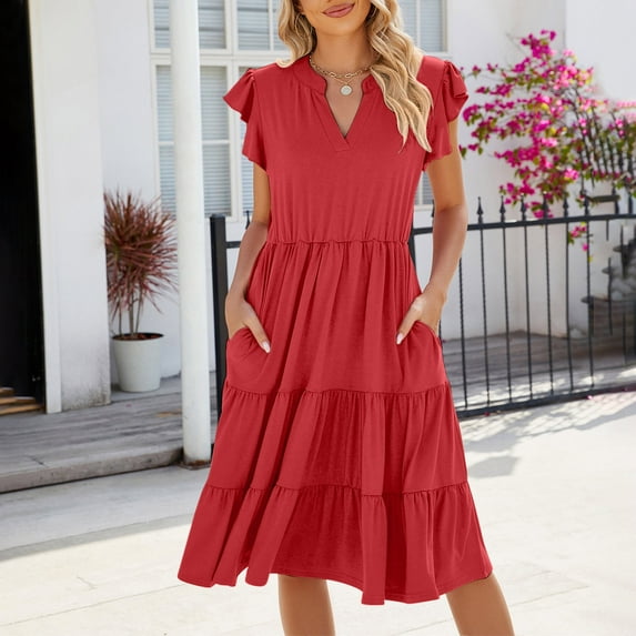 ALLLIST Spring Womens Dresses Midi Red Sundress Trendy Solid Cocktail for Women Size S-2XL