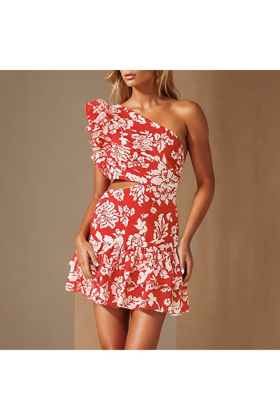 Spring Womens Dresses Mini one Shoulder Sundress Ruffle Casual Floral Red Bodycon Teens Dresses
